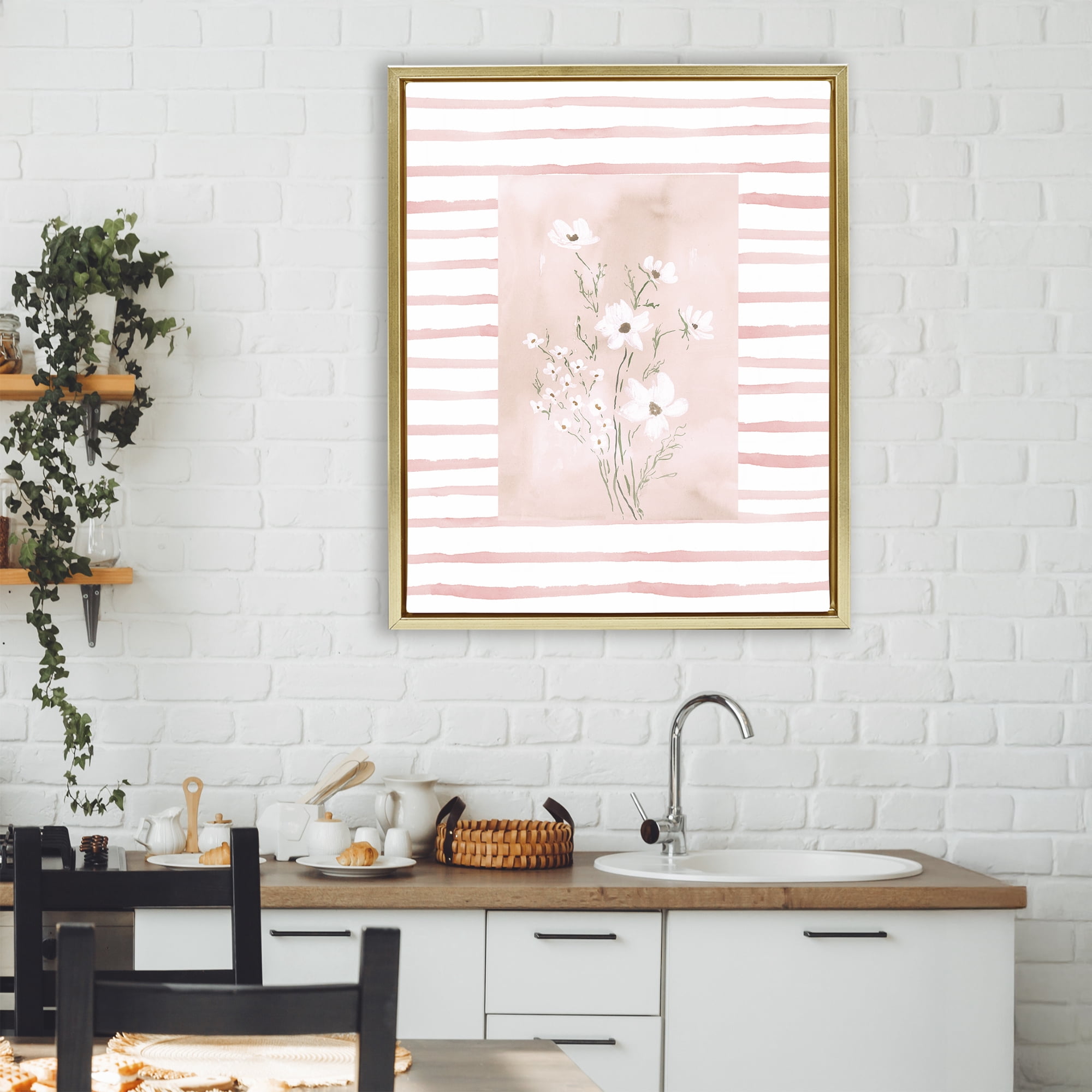 Stupell Industries White Cosmos on Pink Stripes Gold Framed Floater Canvas Wall Art, design by Lucille Price