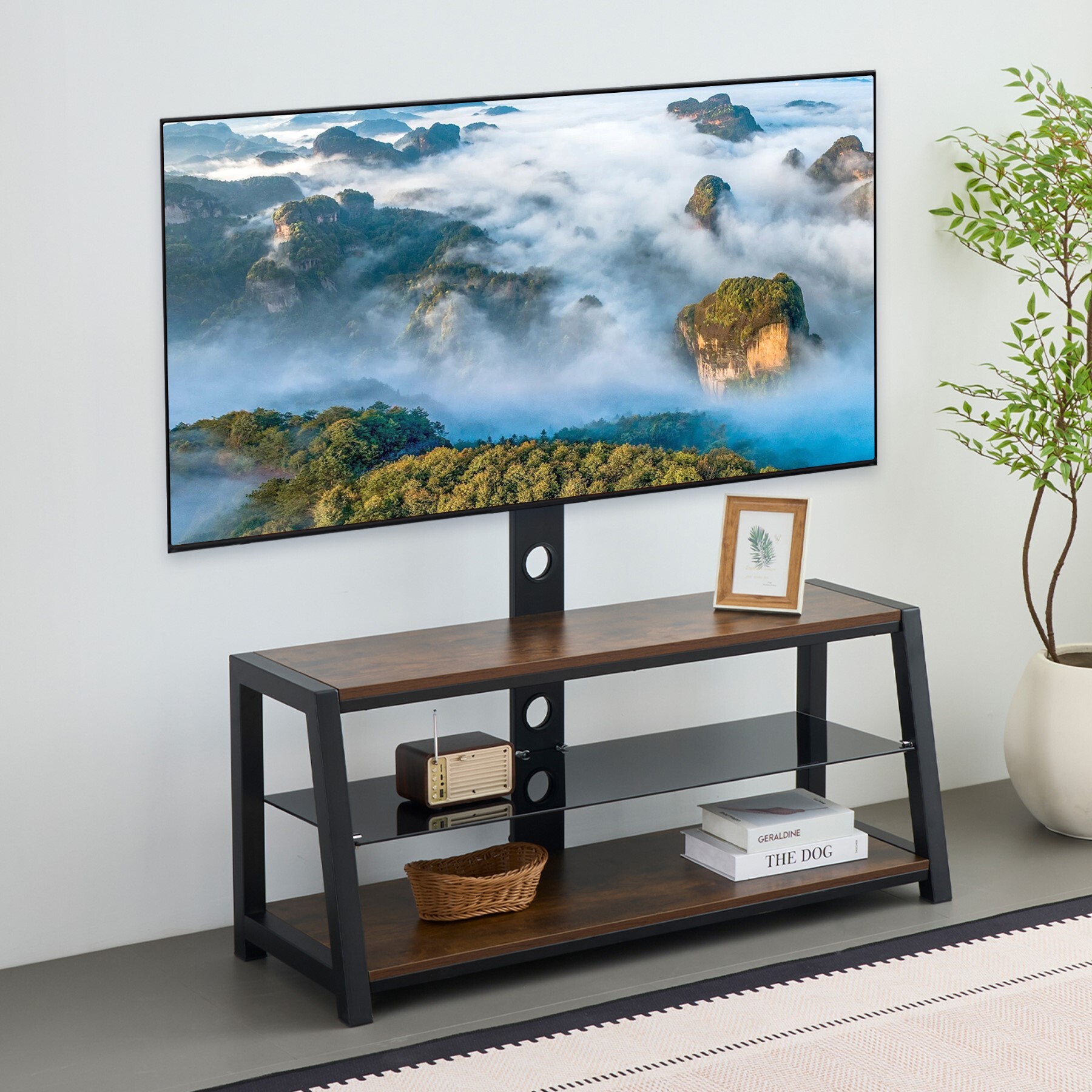OUFAN TV Stand for TVs up to 65 Inch, Entertainment Center with Open Storage Shelves, TV Media Console Table for Living Room, Bedroom, Brown