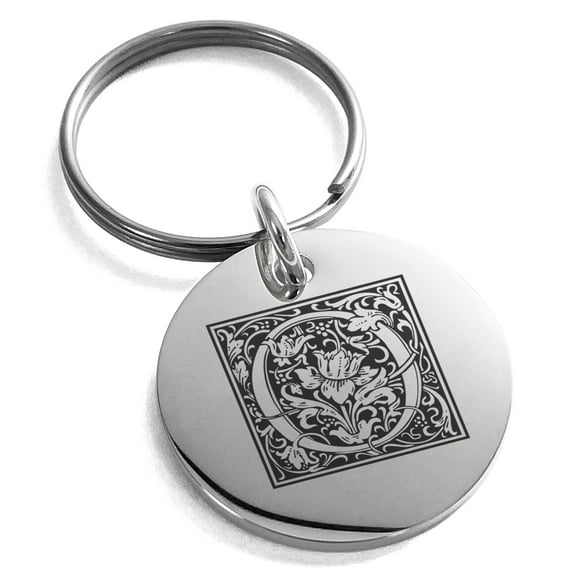 Stainless Steel Letter O Initial Floral Box Monogram Engraved Small Medallion Circle Charm Keychain Keyring