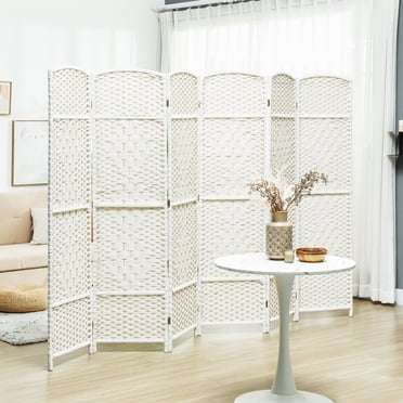 HOMCOM 6 Panel Room Divider, 6' Tall Folding Privacy Screen, Hand-Woven Freestanding Wood Partition for Home Office, Bedroom, White