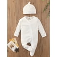 thumbnail image 2 of Cenuakty Babies Two-piece Clothes Set, Solid Color Round Collar Long Sleeve Footie and Cap, 0-24 Months, 2 of 8