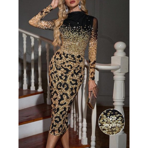 Black And Gold High Neck Ruched Sheer Jacquard Long Sleeve Bodycon Midi Dress