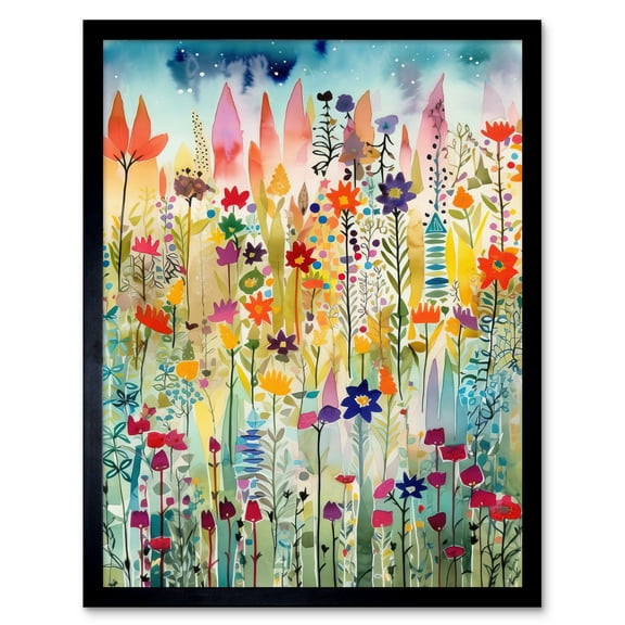 Layered Spring Flower Field Folk Art Art Print Framed Poster Wall Decor 12x16 inch