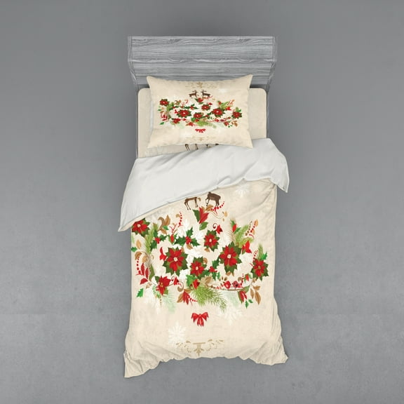 Ambesonne Christmas Bedding Set 3 Pcs, Flower Reindeer Motif, Twin, Multicolor