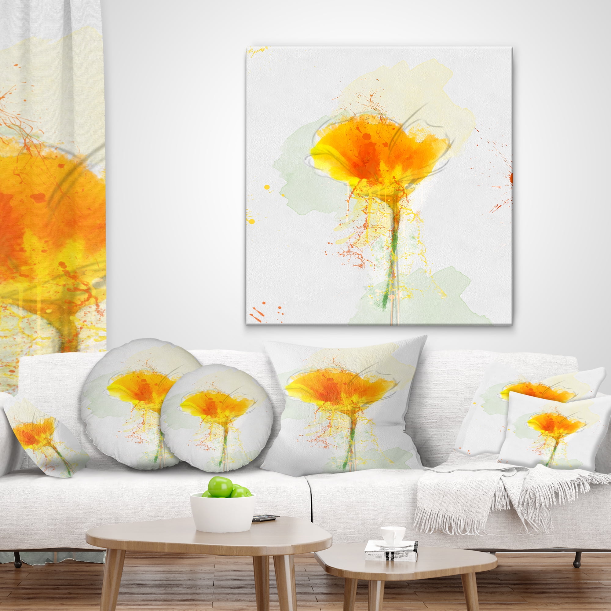 Designart Yellow Flower Sketch Watercolor - Floral Throw Pillow - 18x18