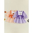 thumbnail image 3 of RUINIXCW Toddler Bbay Girl Halloween Dress Outfit Infant Baby Girls Fall Gingham Plaid Dress Pumpkin Ghost Embroidery Puff Long Sleeve Bow Decror A Line Dress, 3 of 9