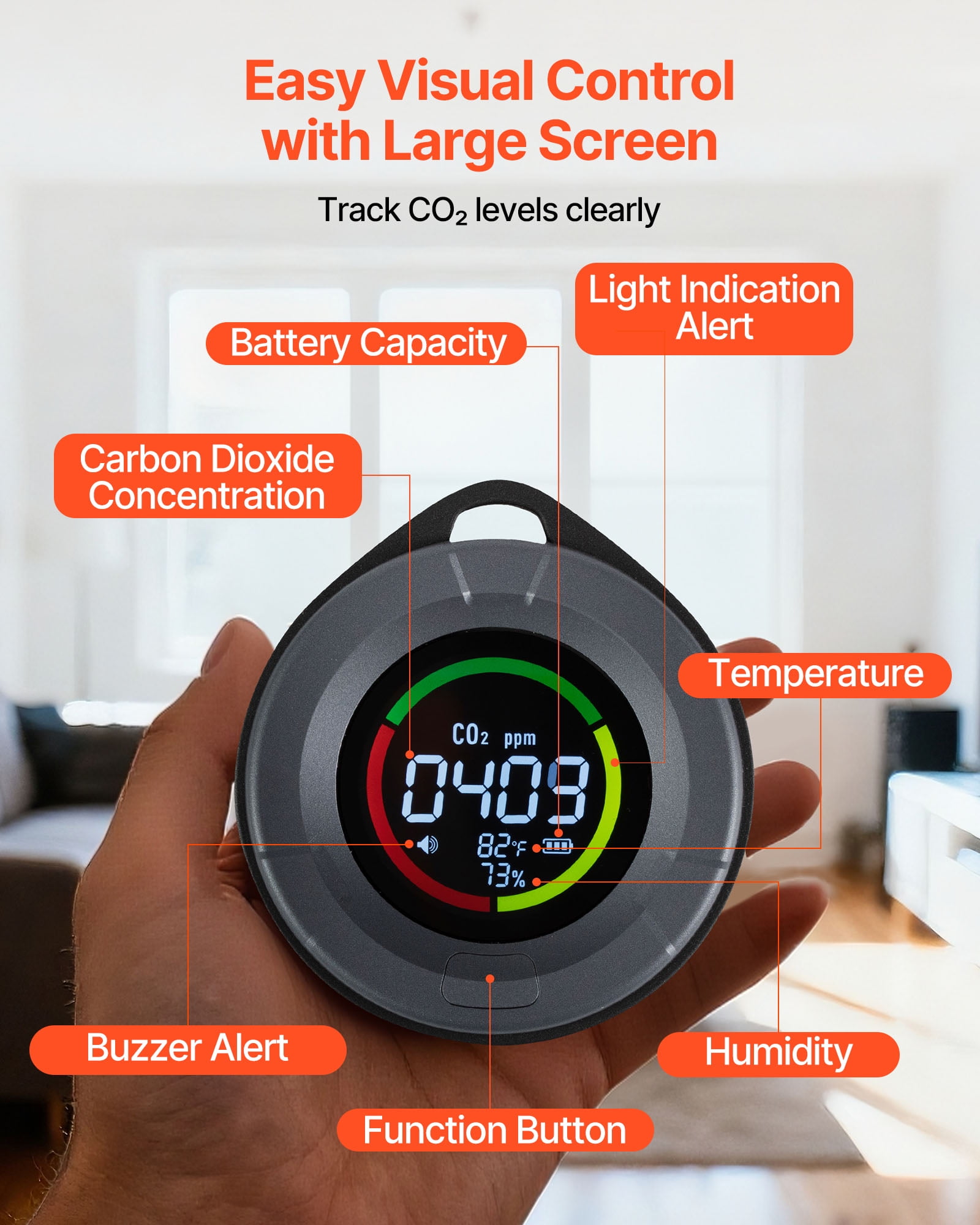 VEVOR Carbon Dioxide Monitor, CO2 Controller with Temperature and Humidity Display, NDIR Sensor, CO2 Sensor for Outdoors, Home, Office, Car, Lightweight & Portable