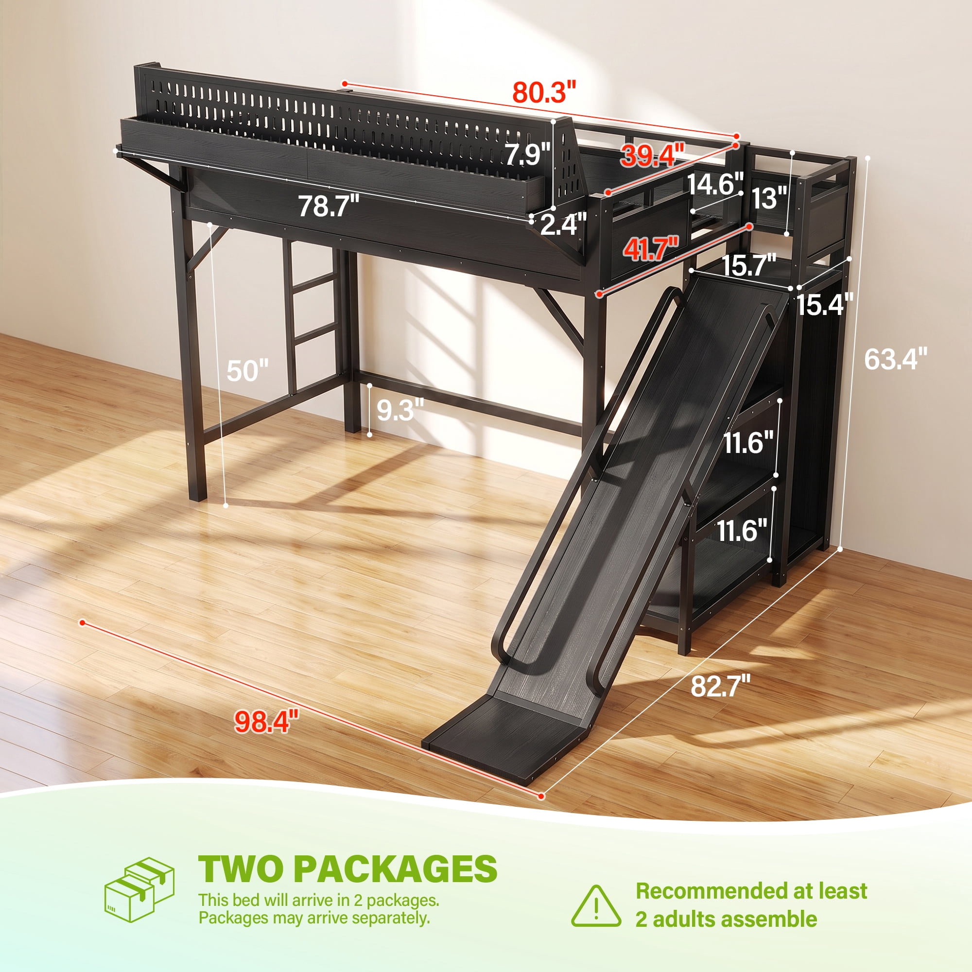 Aukfa Twin XL Metal Loft Bed with Slide, Shelves, Wardrobe, USB Ports & LED Lights, Space-Saving Bed Frame for Kids Teens Adults, Black