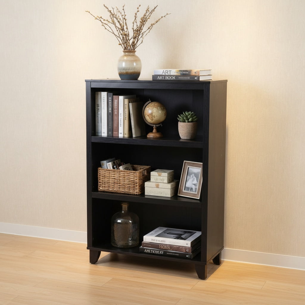 3-Tier Bookcase with Adjustable Shelves，27.56"W x 11.83"D x 40.16"H Floor Standing Open Bookshelf with Wood Legs for Home Office, Living Room, and Bedroom Storage,Black