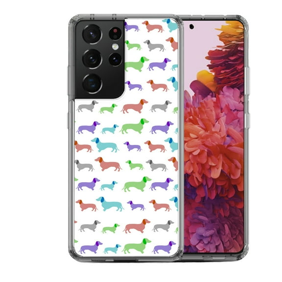 Shockproof Hybrid Bumper Phone Case for Samsung Galaxy S21 Ultra, by OneToughShield ® - Colorful Dachshund/Puppy