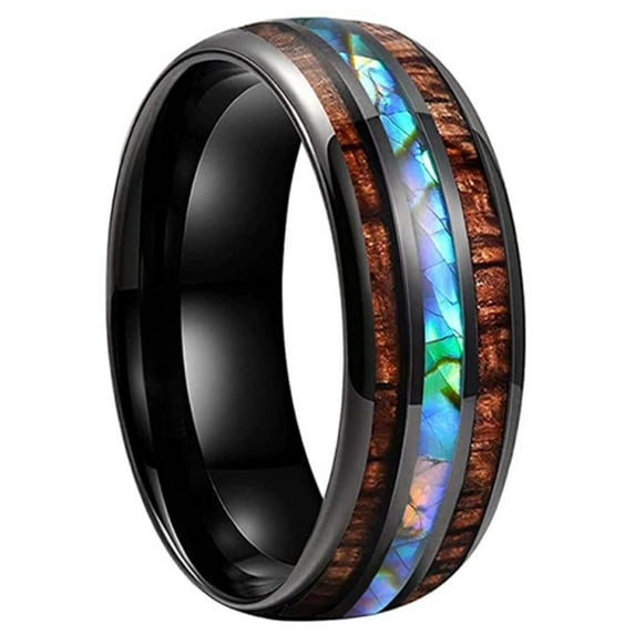 Nature 8mm Turquoise Tungsten Carbide Wedding Ring Abalone Shell Opal Inlaid Real Wood Engagement Band for Men