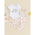 thumbnail image 2 of Bagilaanoe 3pcs Newborn Baby Girl Pants Set Short Sleeve Romper Tops + Daisy Flare Trousers + Headband 3M 6M 12M 18M Infant Casual Clothes, 2 of 7