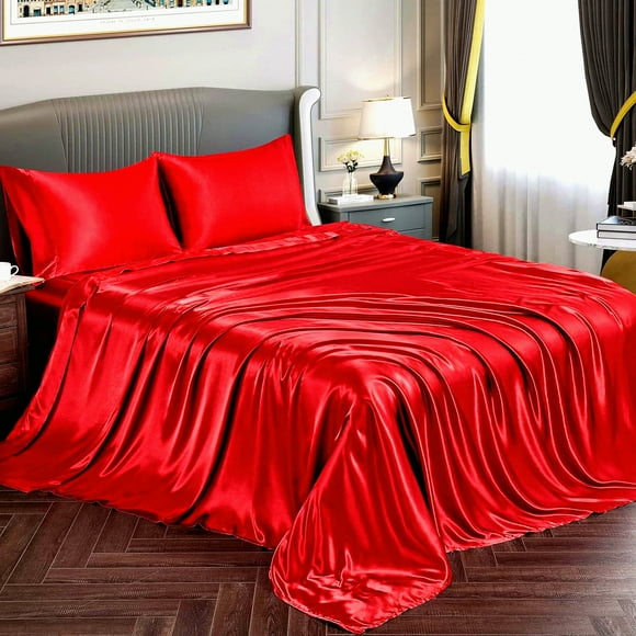 Luxury Silky Burgundy Queen Size Bedding Set - Ultra Soft Silk Sheets with Extra Deep Pocket Fitted Sheet for High Mattress - 18'' Deep Pocket Queen Sheets