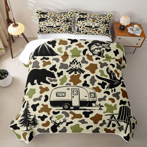Catabedysis Camo Camping Quilt Full,Wildlife Camper Pattern Full Bedspread Sets For Boys,Earthy Tone,3Pcs