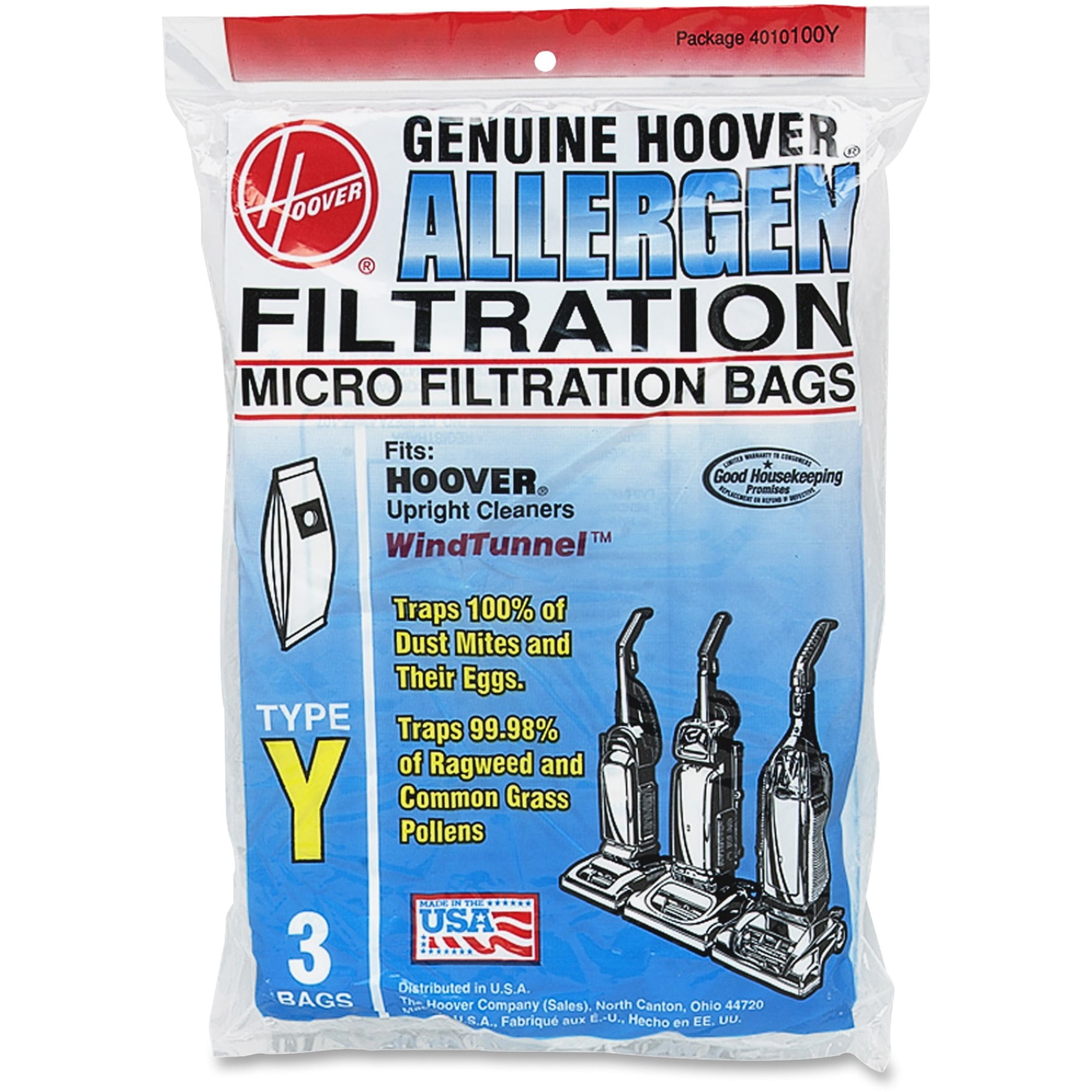 GENUINE HOOVER Y Vacuum Cleaner Bags  Allergen Filtration  4010100Y 