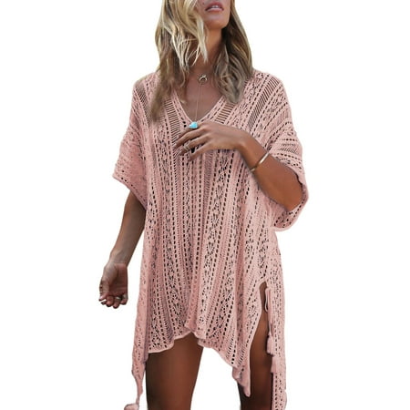 Loose Beach Dress Tops Summer Bathing Suit Women Knit Lace Crochet Hollow Out Casual Swim Cover ups V-neck Bikini Beachwear