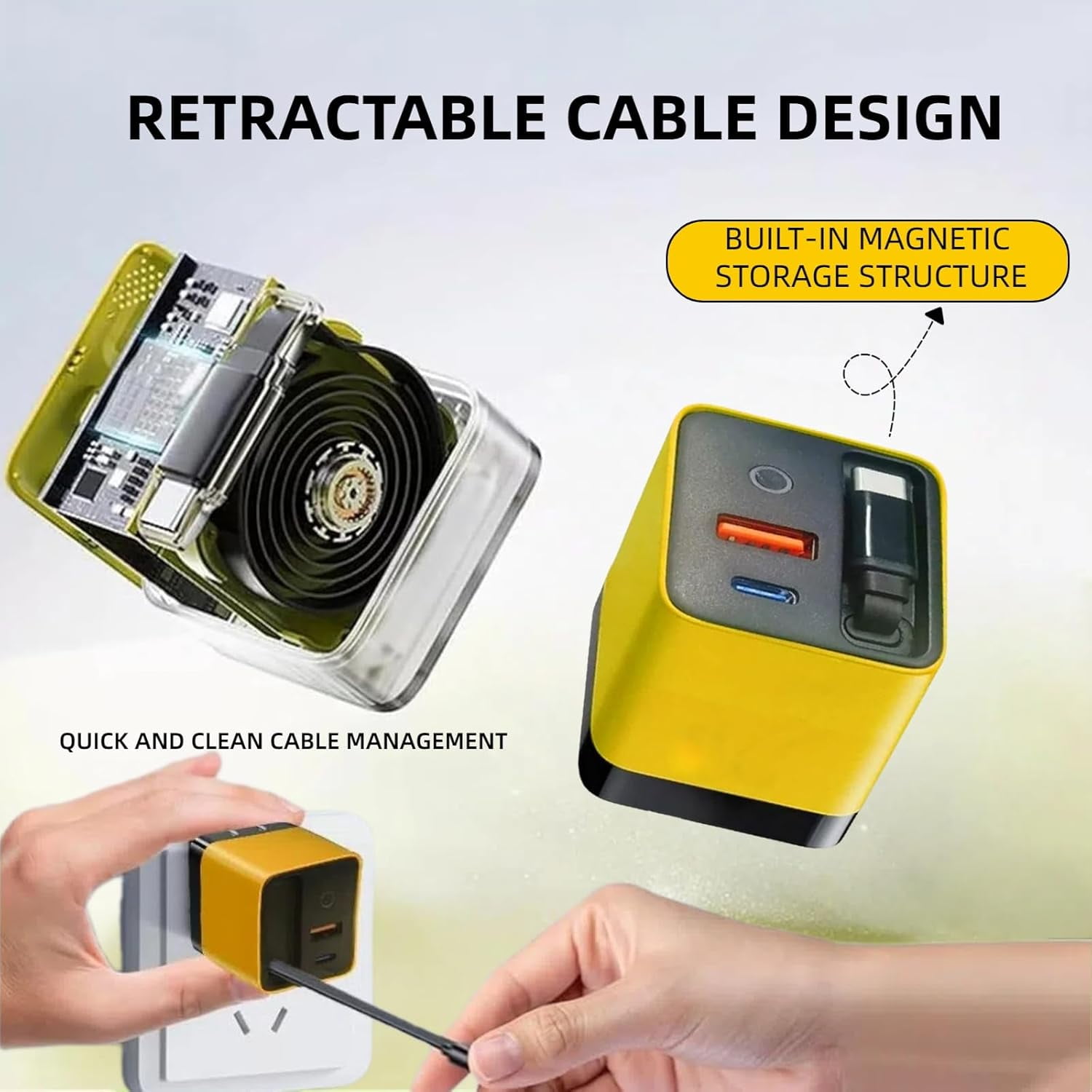 RGHJAR-3 in 1 GaN Charger,80w Fast Charger Adapter with Type-C Cable & 2 USB Ports,Multi-Functional Retractable All in one Charger for Phone,Tablets,laptops (Yellow)