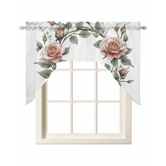 Retro Flower Swag Valances for Windows, Small Curtains Drapes, Pastoral Pastel Pink Rose Floral Leaf Kitchen Window Curtains Over Sink Rod Pocket Window Treatment Valance for Bedroom/Bathroom 56"x36"