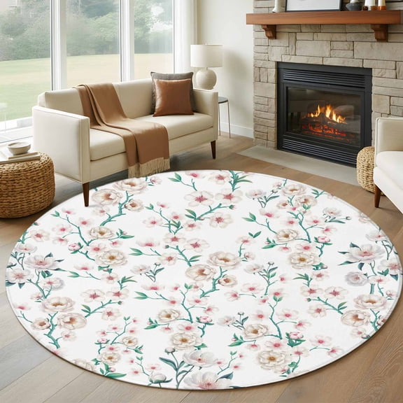 Large Round Rug 8Ft Washable Non-Slip, Watercolor Floral Circle Area Rugs for Living Room Bedroom, Spring Botanical Flowers Tree Branches Indoor Floor Mats Carpet Runner for Home Decor