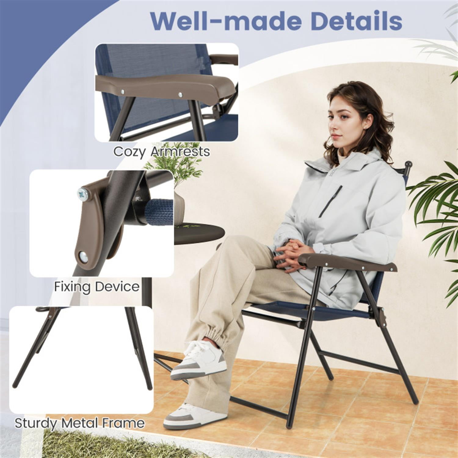 Demi Bonn Set of 2 Patio Folding Sling Back Camping Deck Chairs, Outdoor Accent Furniture Lounge Chairs for Yard, Garden, Blue