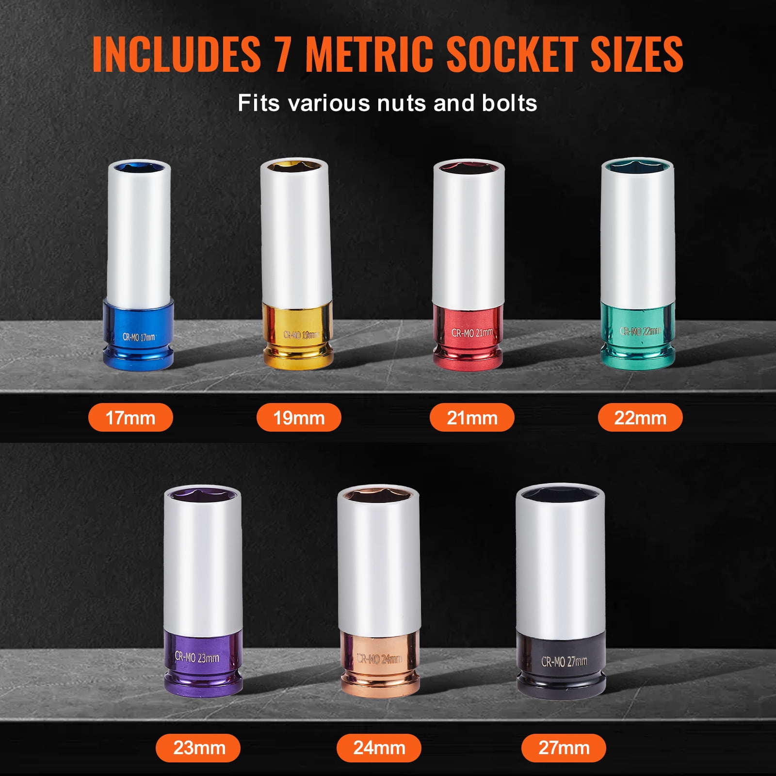 KFFKFF Impact Socket Set for Lug Nuts, 1/2 inch Drive, 6-Point Deep Socket Design, Incorporates 7 Lug Nut Sizes: 17/19/21/22/23/24/27mm, Crafted from CR-MO Steel, Comes with Organizing Case
