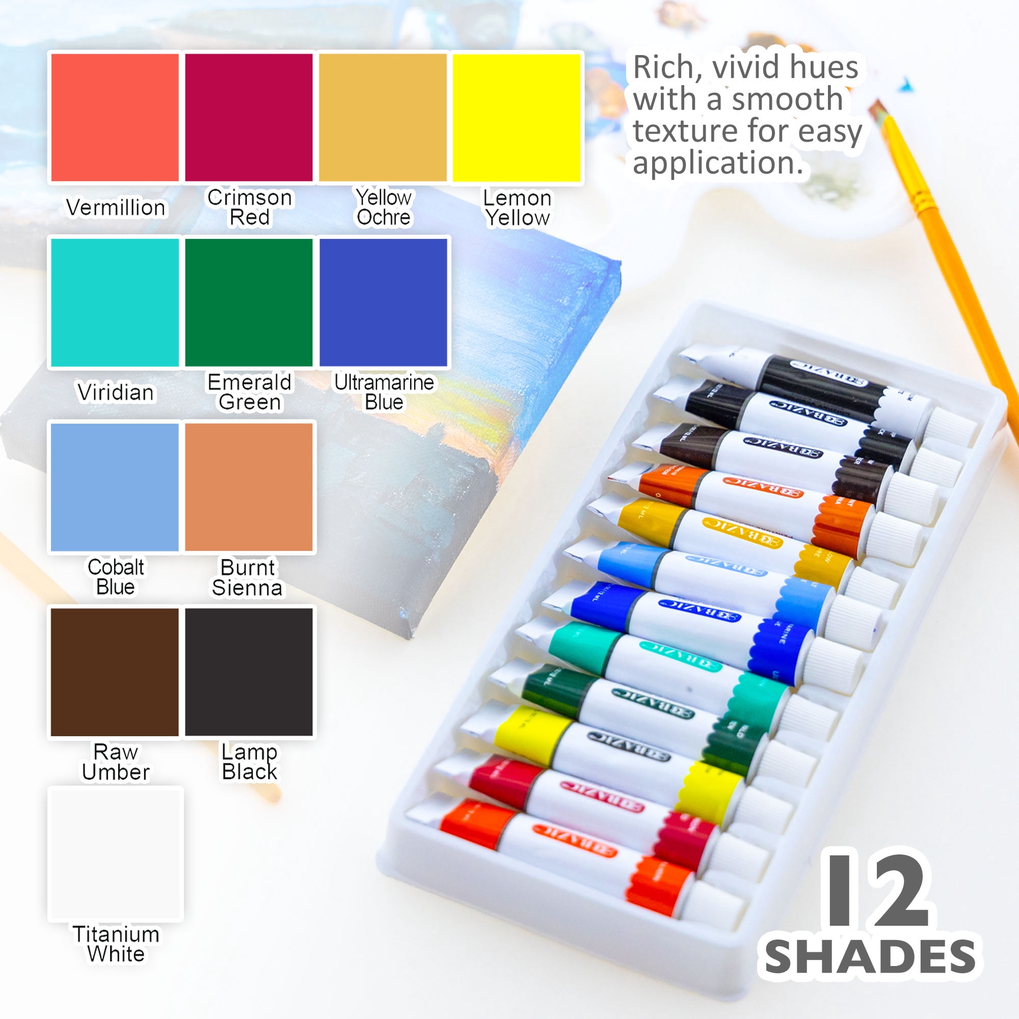 BAZIC Acrylic Paint 12 Colors 0.4 oz/12 ml, Non-Toxic Craft Paint Set, 12-Pack