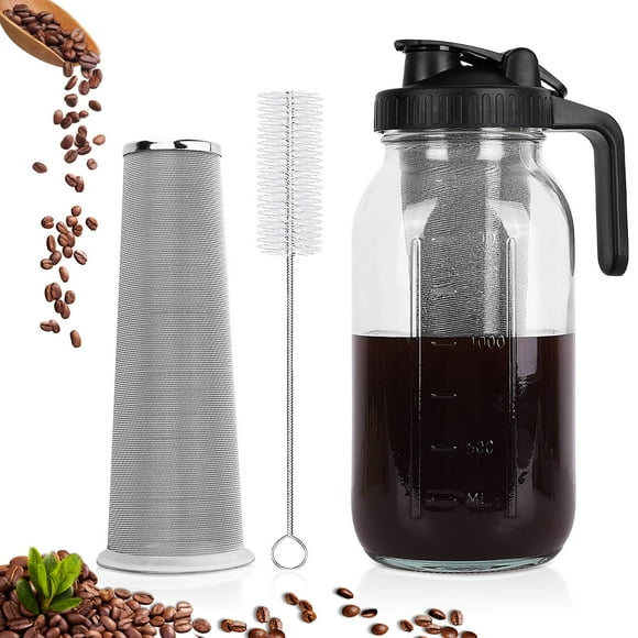 QHH Cafetera fría, jarra de boca ancha de 64 oz con filtro de acero inoxidable, tapa con mango de pico vertedor, jarra de vidrio resistente hermética y a prueba de fugas para café helado y té limonada