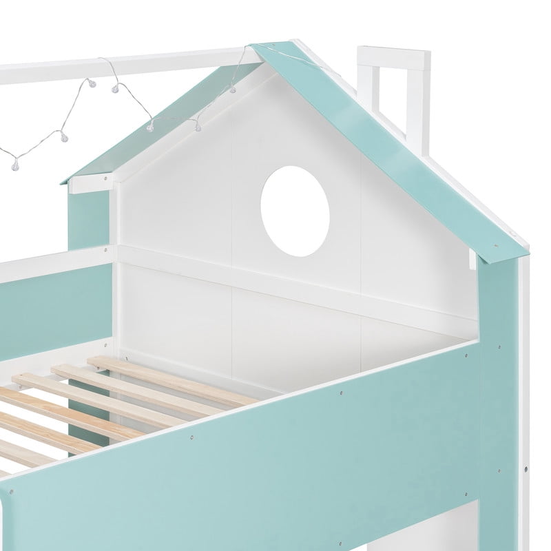 Full-Over-Full Two-Tone Accent Bunk Bed Frame with Cabinet, Drawers & Shelves, Modern Storage Kids Bed with LED Light Strip