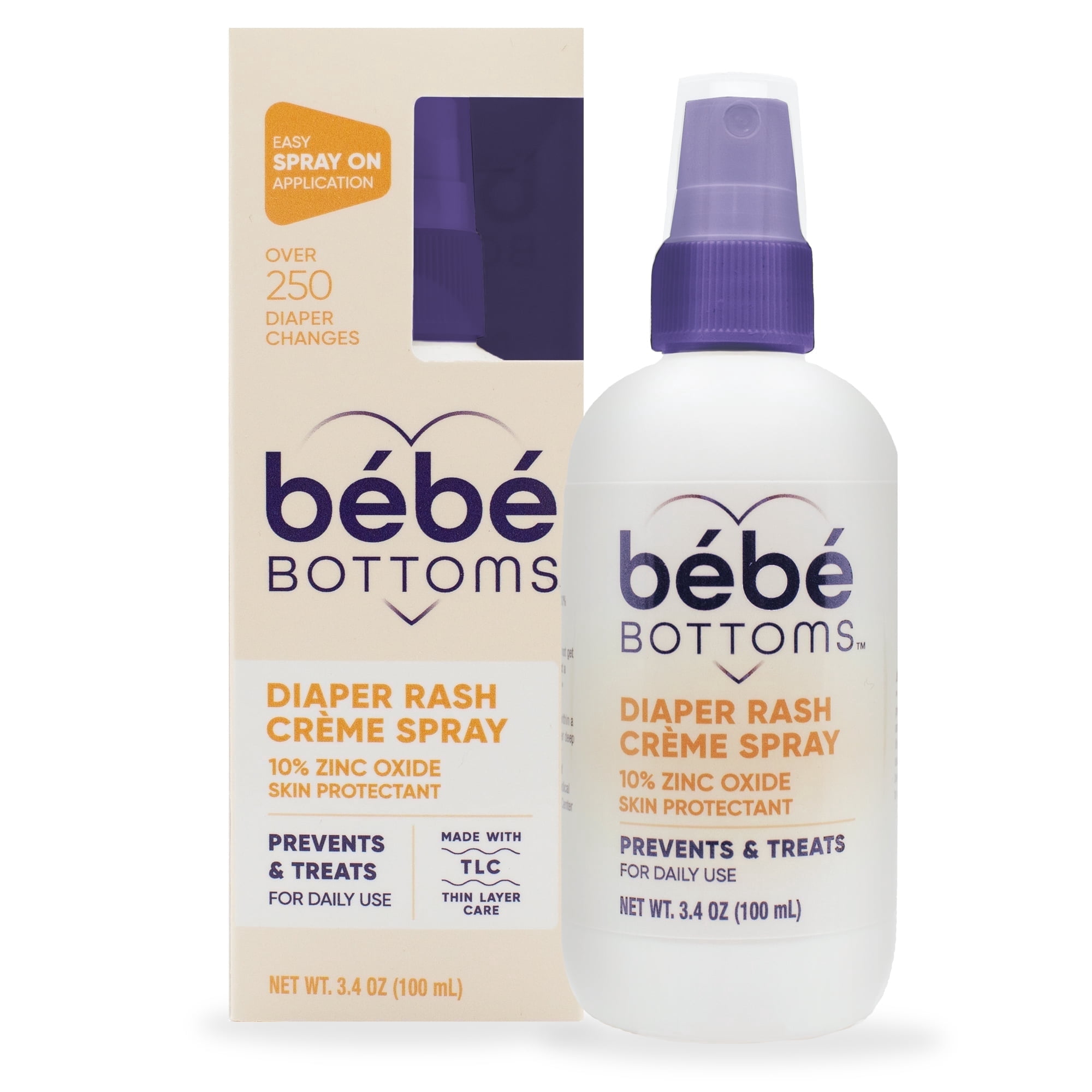 (4 pack) Bébé Bottoms Diaper Rash Cream Spray - Paraben, Dye & Fragrance Free, No-Rub Touch Free Application for Sensitive Skin - Quick Relief & Comfort (100 ml)