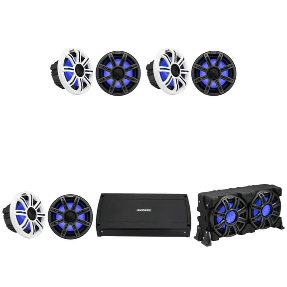 Kicker Pontoon - Tritoon Boat Premium Audio Upgrade, (6) 8" LED Marine Speakers, 10" Subwoofer Enclosure & KXMA 8Ch. Marine Amplifier Bundle