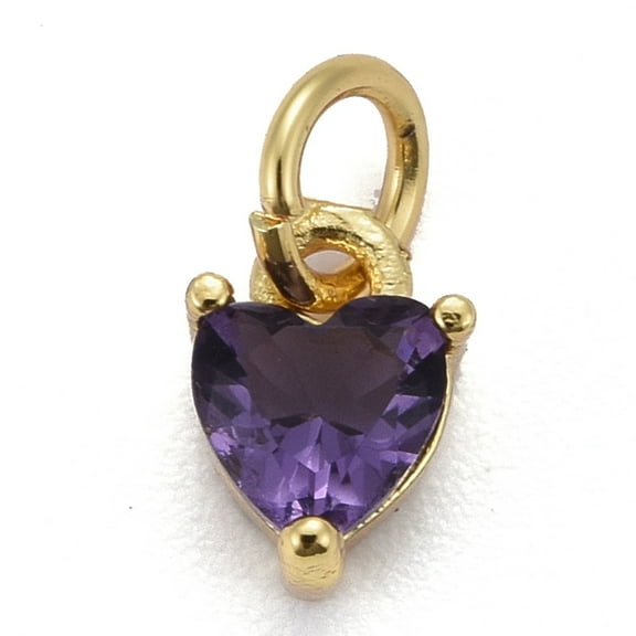 20pc Brass Micro Pave Cubic Zirconia Charms Long-Lasting Plated Real 18K Gold Plated Heart Medium Purple 8x5x3.5mm Hole: 3mm