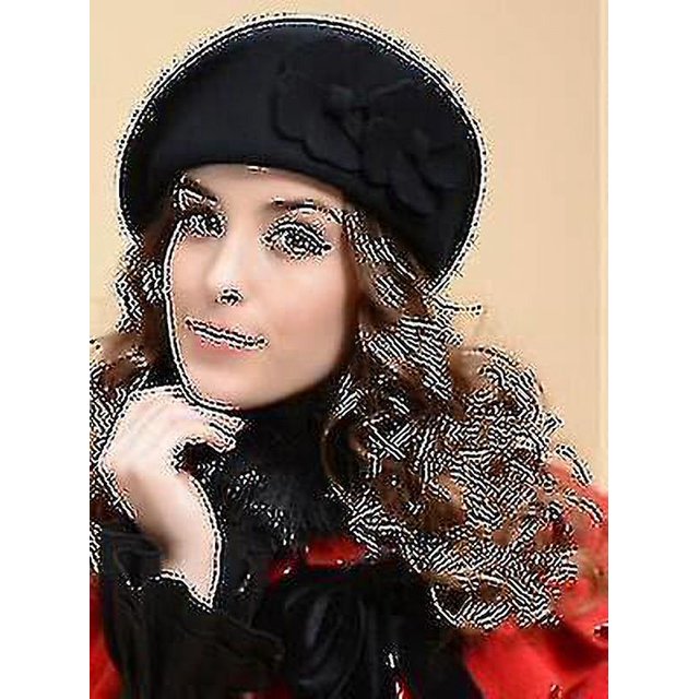 Gorro de azafata suave de lana estilo trilby francés con floresnegro