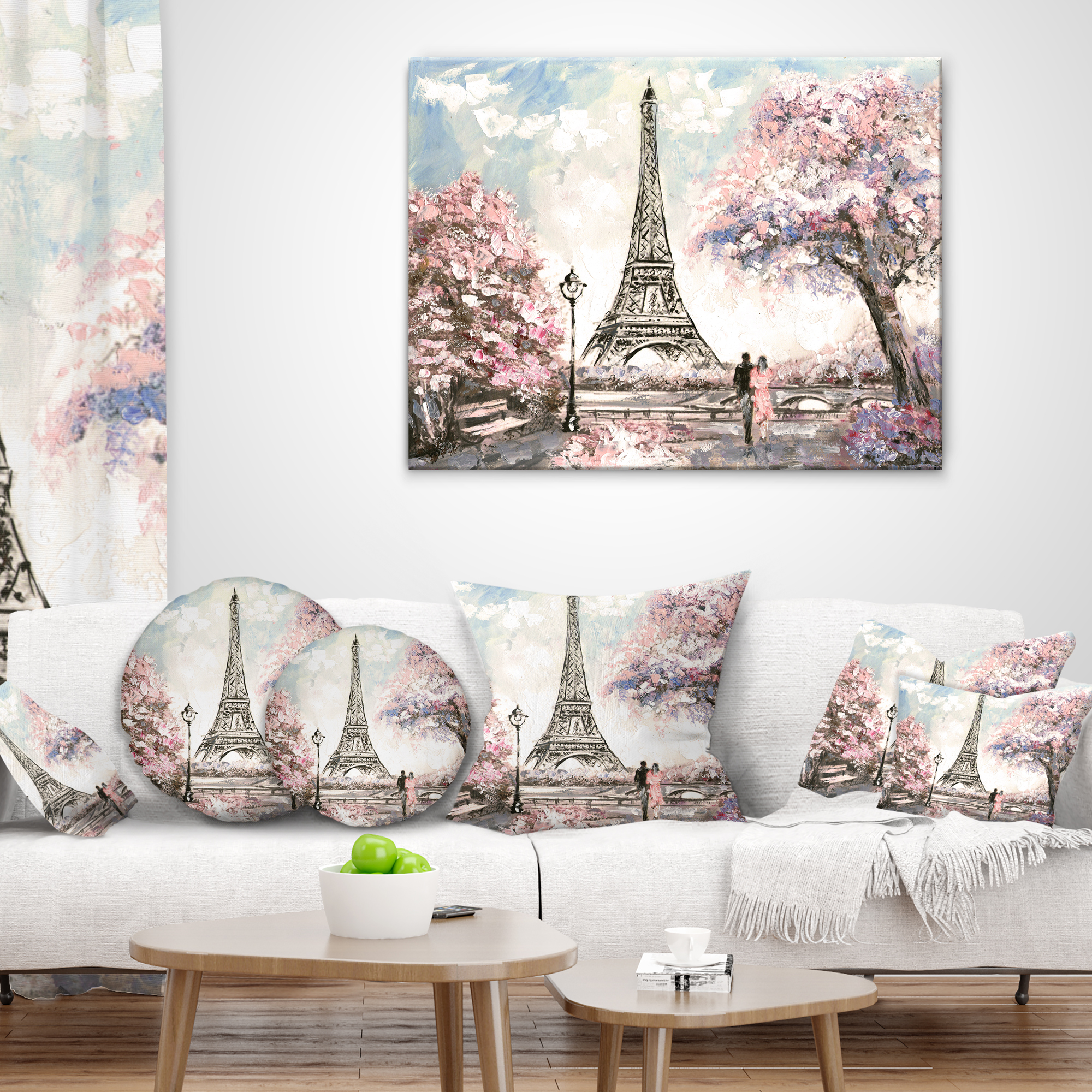 Designart Eiffel with Pink Flowers - Landscape Printed Throw Pillow - 12x20