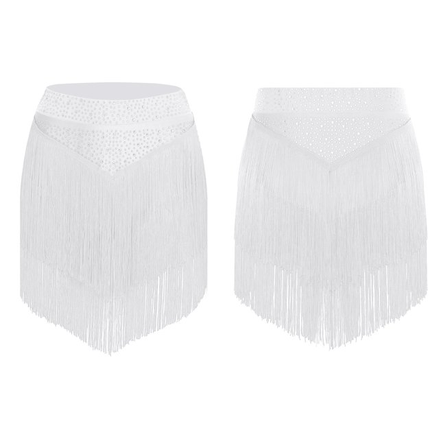 Raenseen Jupe à Franges de Danse Latine de Salon pour Femmes, Taille Élastique, Tango, Rumba, Salsa, Danse à Franges, Mini, Blanche, Taille P