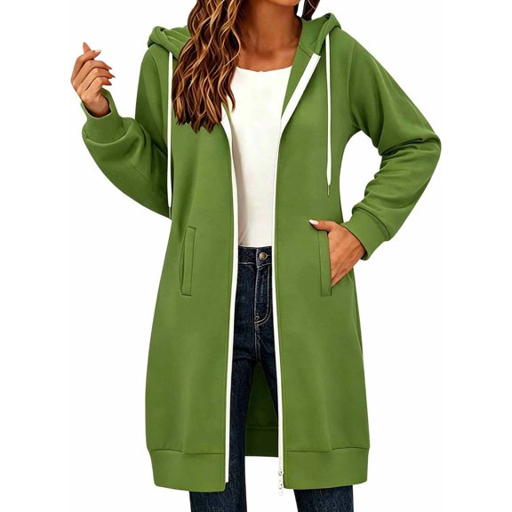Swanpen Women's Solid Color Zip Up Long Hoodie Jacket Loose Mid Length Fleece Coat with Side Pockets