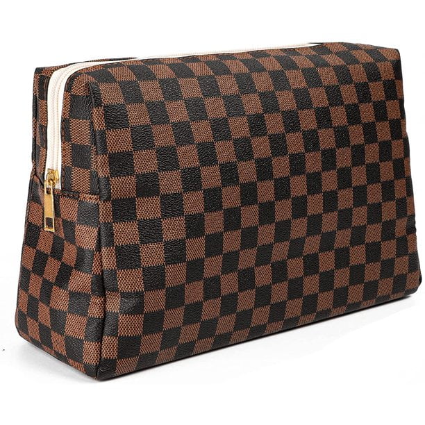 Aokur Checkered Travel Makeup Bag, Portable and Waterproof Brown