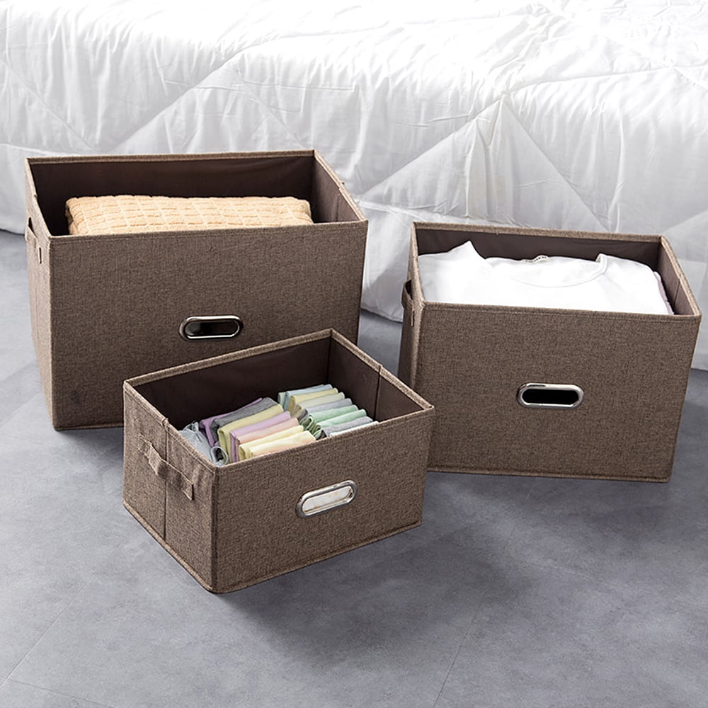 Collapsible Fabric Storage Bin With Handle Lid Foldable Box Linen Large Container Organizer For Home Clothes Storage, Coffee