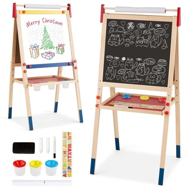 Caballete 3 en 1 Pizarra de Doble Cara Regulables Caballete para Dibujar de Madera Altura Ajustable para Niños 60 x 55 x 112,5-124,5 cm