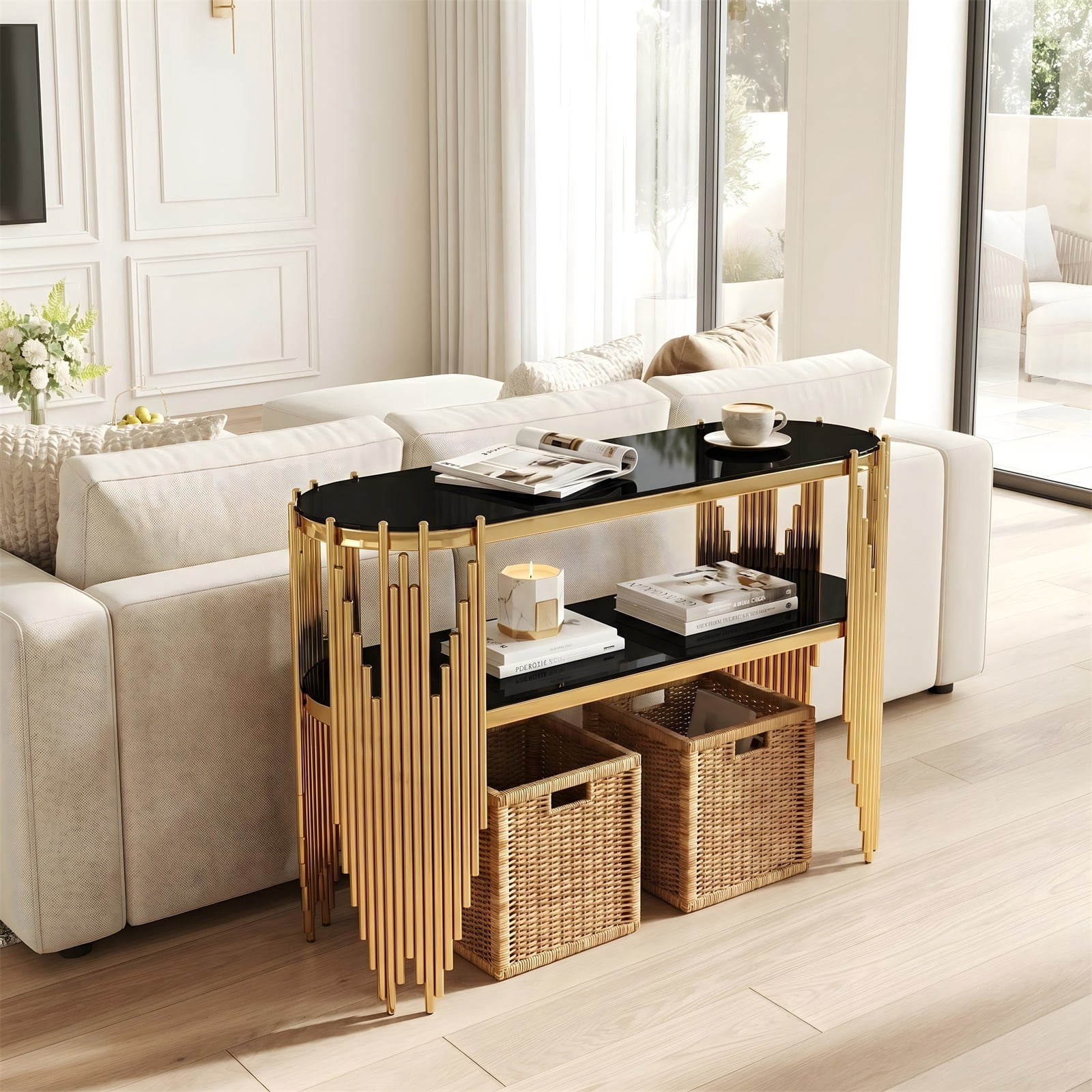 Hommoo Modern Oval Console Table, 2-Tier Tempered Glass Entryway Table with Polished Stainless Steel Frame, Art Deco Hallway or Living Room Accent, Black & Gold