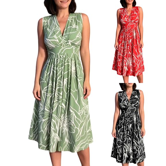 Floral Dresses for Women Plunge V Neck Sleeveless Midi Dress Flowy Casual Garden Party Summer Swing Sundress Green S