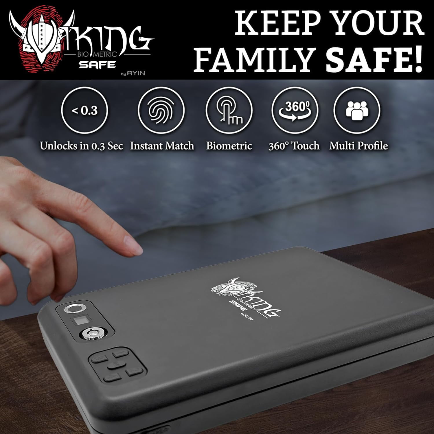 AYIN Viking Biometric Fingerprint Safe, Biometric Fingerprint Gun Safe with LCD Screen, New 2024 Model - 360 Degree Fingerprint Recognition, IP65 Weather Resistant