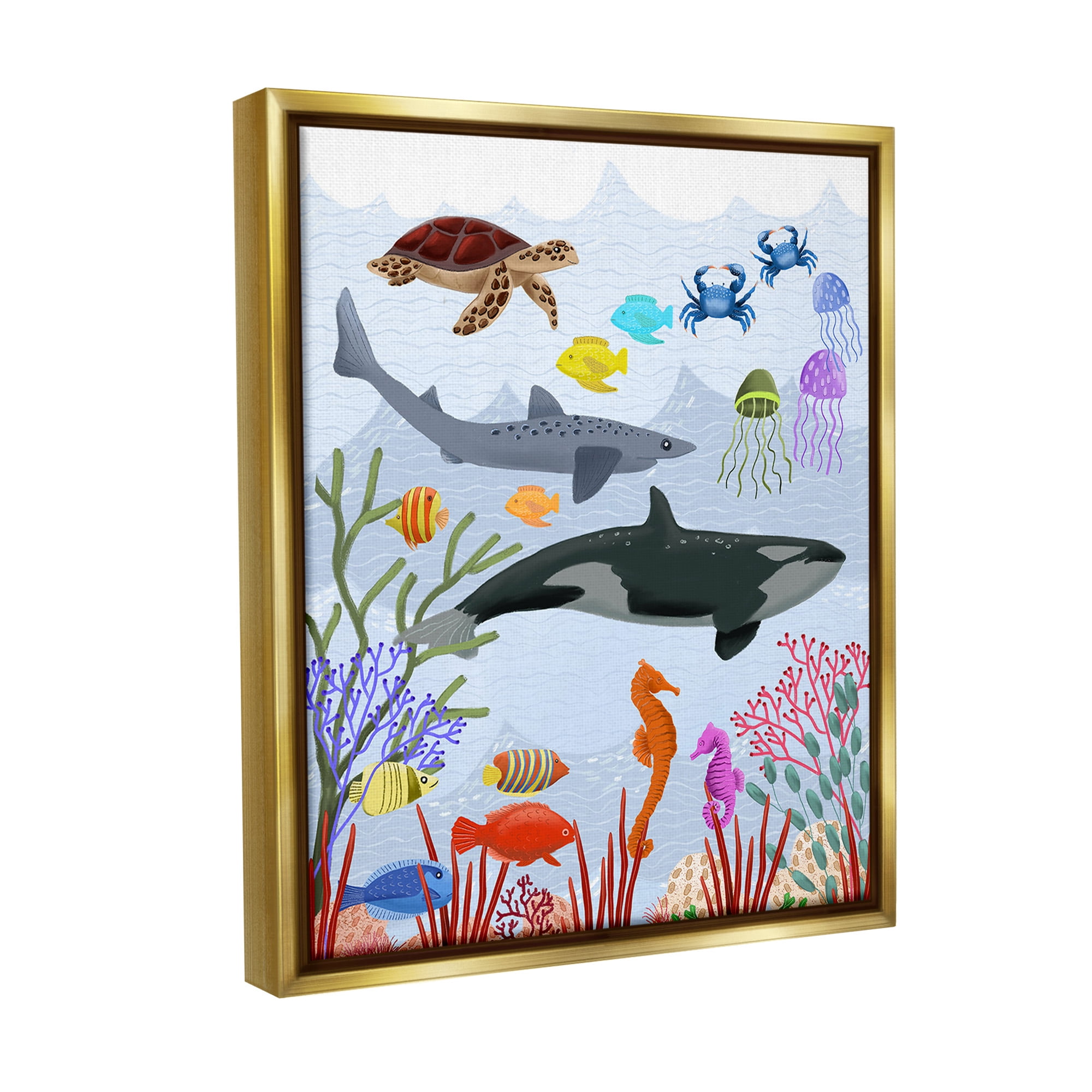 Stupell Industries Aquatic Animals Underwater Animals & Insects Painting Gold Floater Framed Canvas Art Print Wall Art, 25 x 31