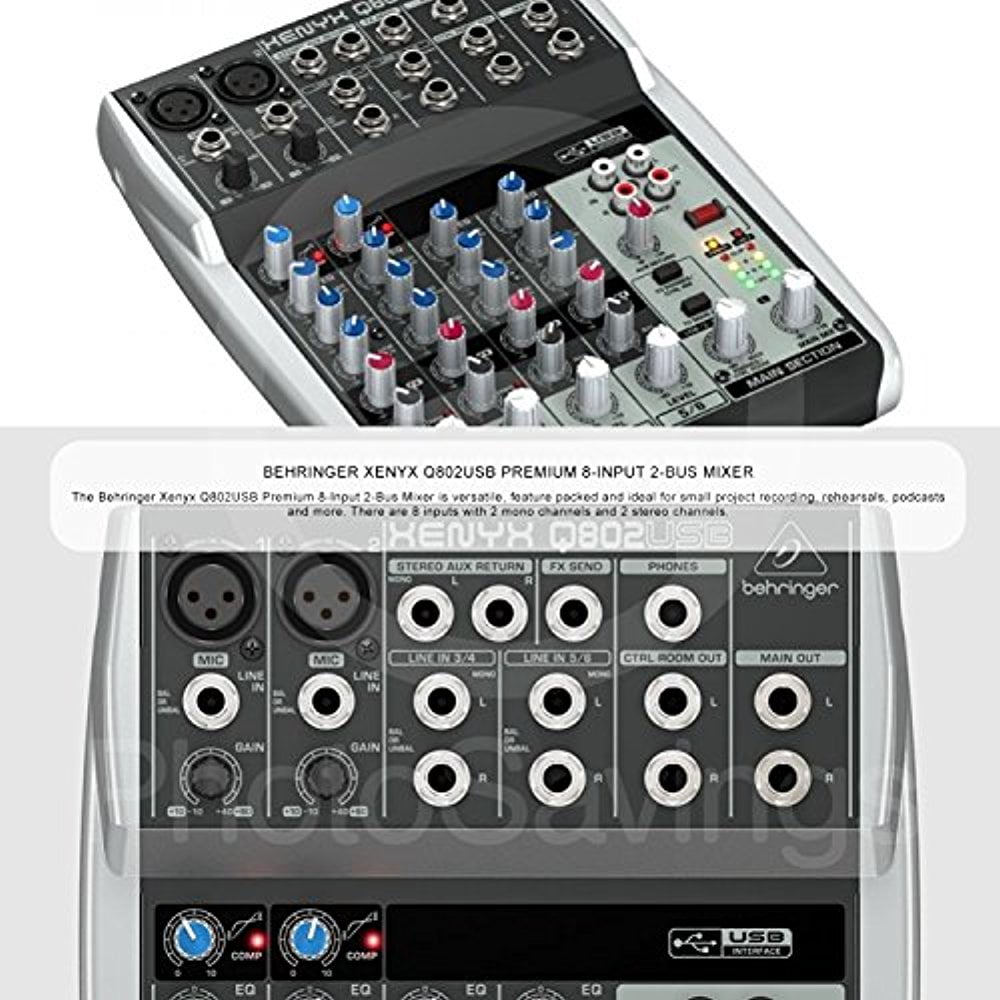 Behringer Xenyx Q802USB 8-Input USB Mixer Bundle with 2 10ft XLR Cables and Microfiber Cleaning Cloth 