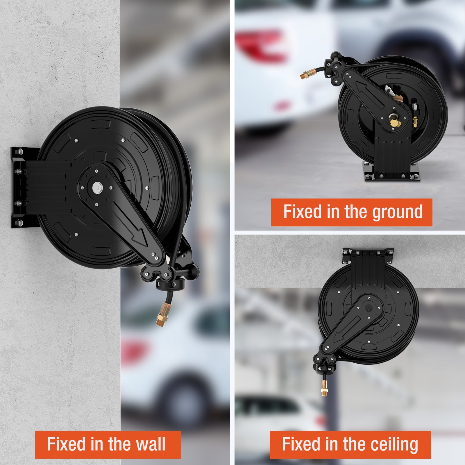 Xutumm Pressure Washer Reel, 3/8" x 50 FT Retractable Power Washer Hose Reel with 5 ft Lead, Dual Arm Heavy Duty Steel, for Air/Oil/Water