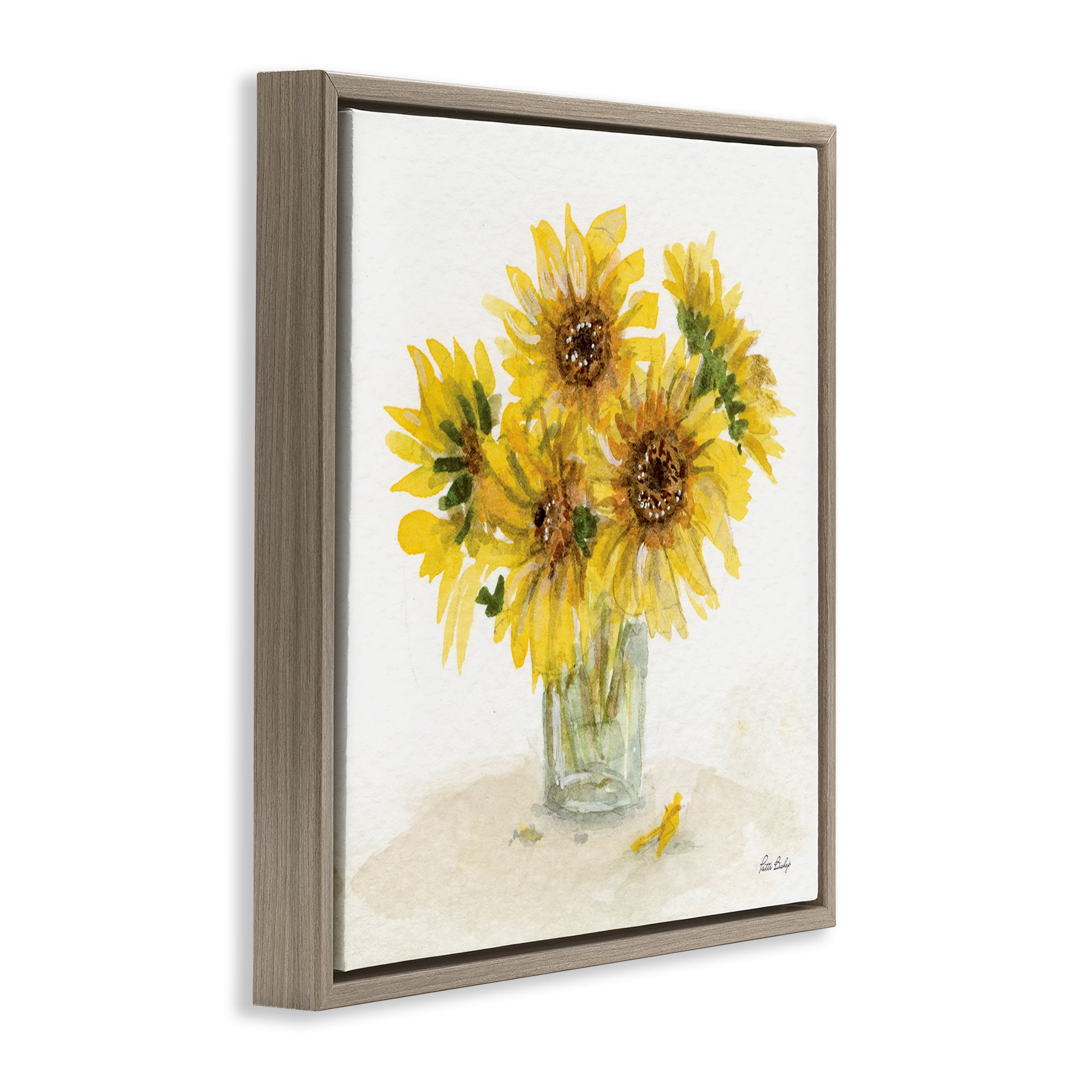 Stupell Industries Sunflower Jar Watercolor Plants & Flowers Painting Brown Floater Framed Canvas Art Print Wall Art, 18 x 18