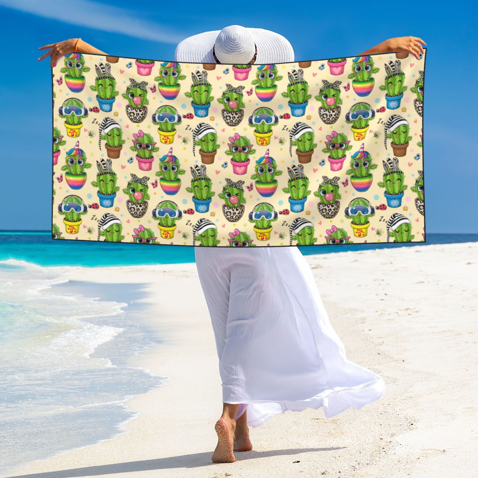 Picia Cute Cartoon Cactus Print Silver Fox Velvet Beach Towel,Quick-Dry Beach Towel,Lightweight Travel Towel,Portable Beach Towels