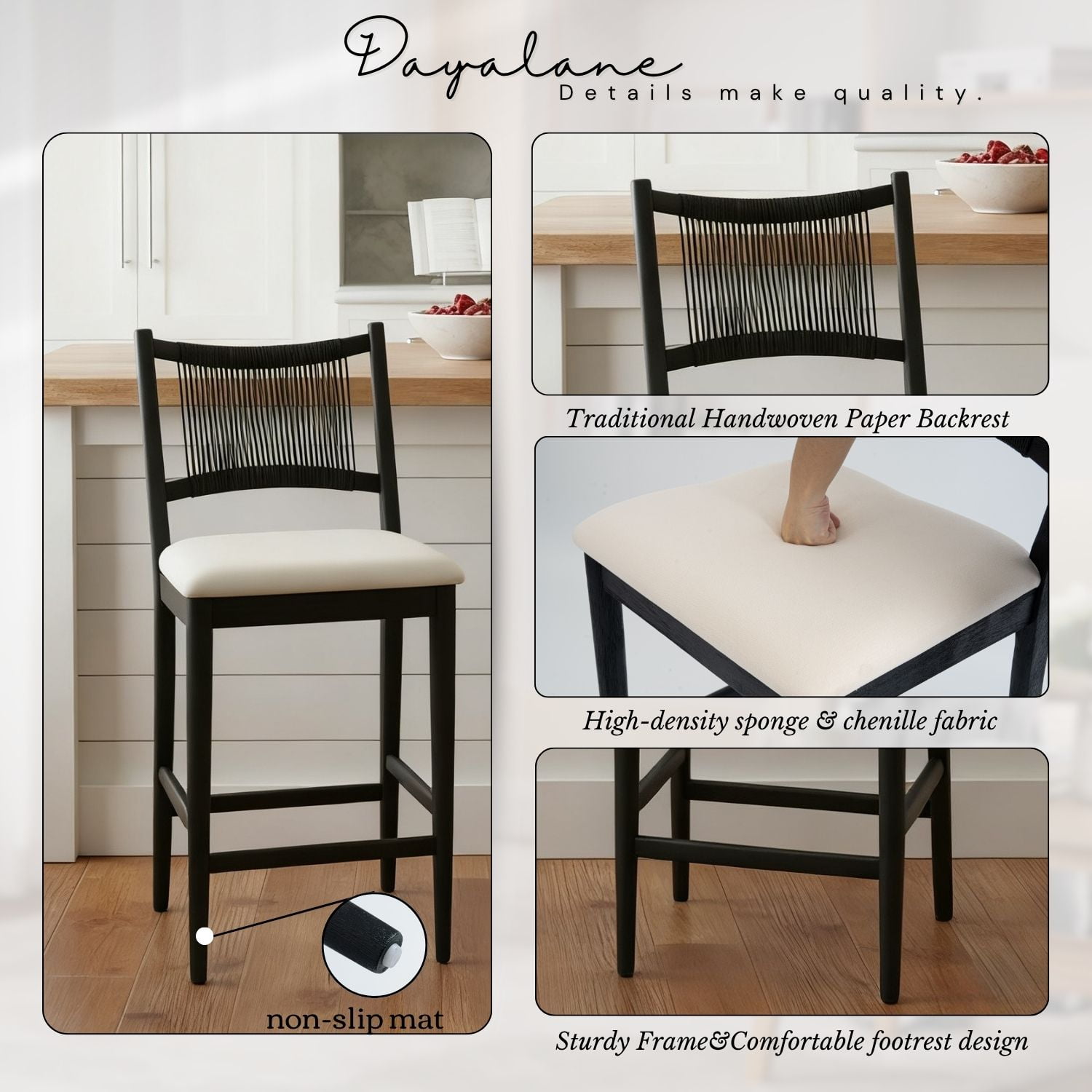 Dayalane Farmhouse Bar Stools Set of 4, 25.5" Counter Height Bar Stools with Paper Cord Woven Back and Solid Wood Frame, Chenille Upholstered Kitchen Island Chairs for Dining Room Home Bar, Black