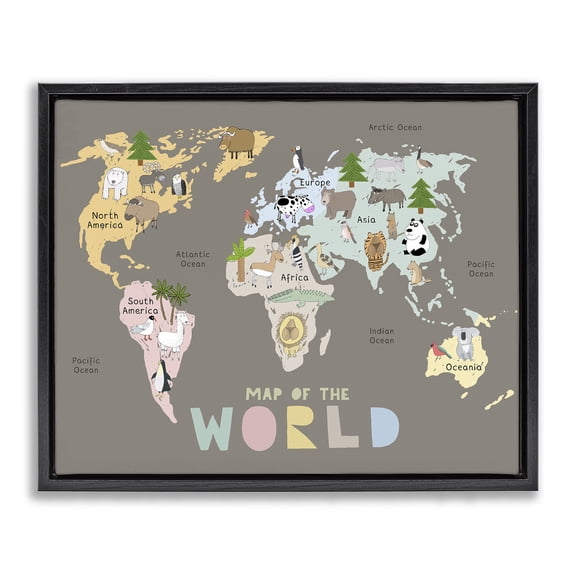 Kid's Map Of World Brown Black Framed Floater Canvas Wall Art, design by Carla Daly