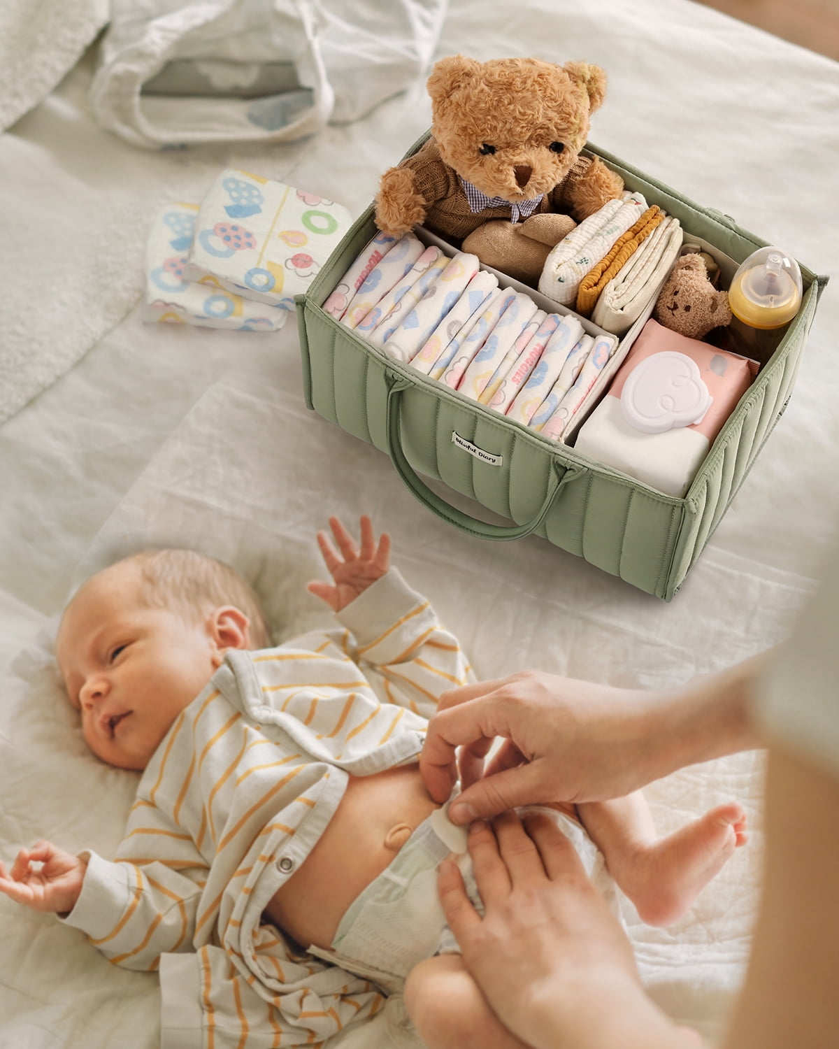 Blissful Diary Diaper Caddy Organizer,Baby Baskets for Baby Shower, Portable Nursery Changing Table Organizer, Diaper Bag, Infant Newborn Essentials Gift, Baby Registry Must Have, Sage Green