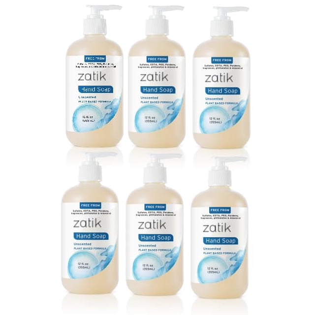 Zatik Naturals - Jabón líquido para manos sin perfume, hidratante, 12 onzas líquidas (paquete de 6)
